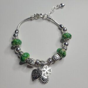 NWT Pandora Style Charm Bracelet Get Lucky Silver, Green Shamrock Sun Heart XL